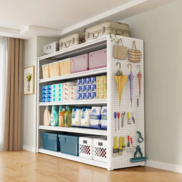 Colorful storage rack with side pegboard